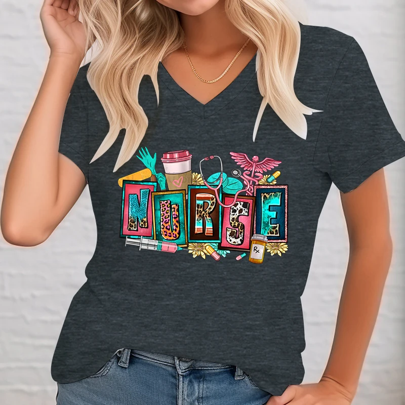 Leopard Nurse Graphic T Shirts V-Neck Aesthetic Women Clothes Tee Shirts Casual Short Sleeve All-match Female T-Shirts Tops