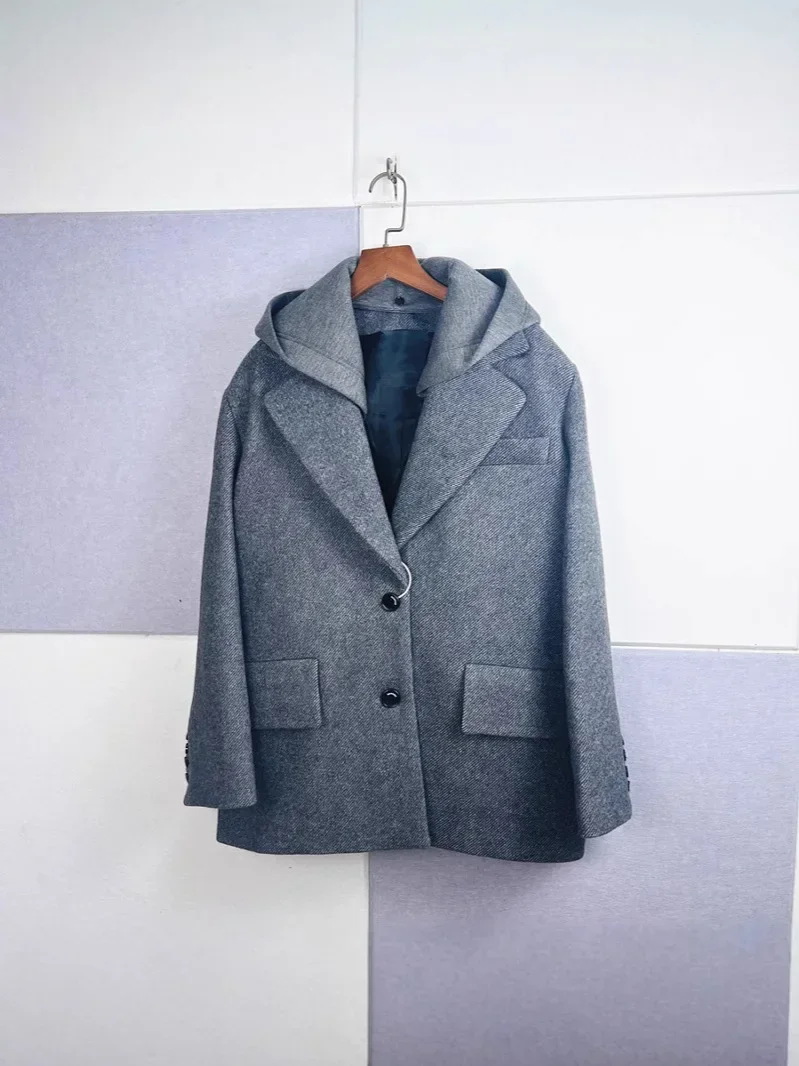 Autumn Winter Women's Hooded Blazer Coat Temperament Commuting Ladies Single-Breasted Grey Suit Jacket Tops with Pockets