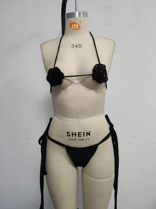 

New Black Sexy Flower Hanging Neck Strap Bikini Three Point Split Tie Side Swimsuit