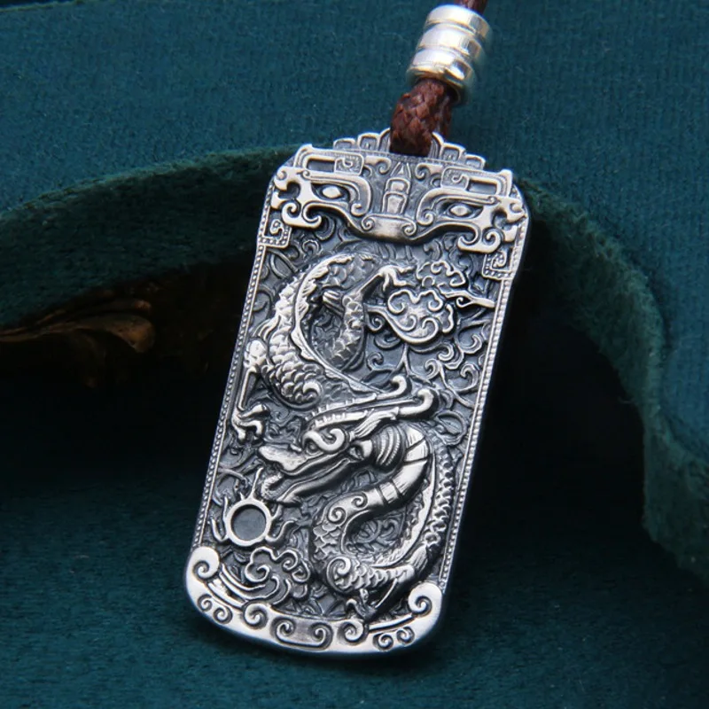 

Real Pure 999 Fine Silver Lucky Men Retro Carved Pattern Dragon Oblong Pendant 15.7g