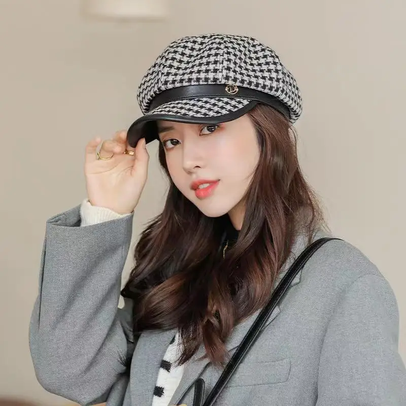 Fashion Woman\'s Houndstooth Beret Hat Ladies Higt Quality Octagonal Hat Girl Vintage Autumn Winter Painter Cap Female Koren Hat