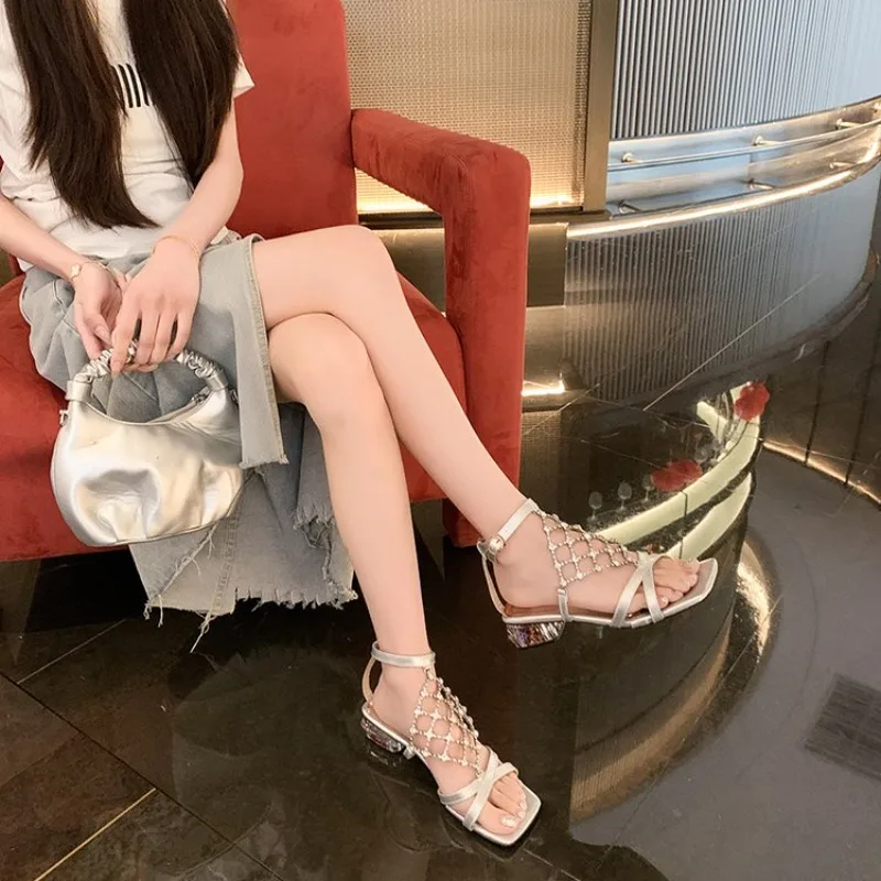 Temperament High Heels Women Summer Square Toe Open Toe Rhinestone Alien Heel Roman Sandals