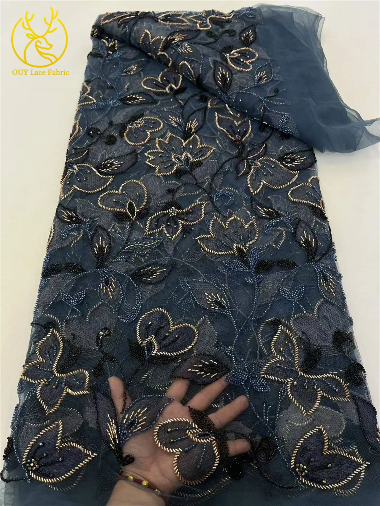 ホットセール　アフリカの手作りビーズスパンコールウェディングレース生地　フランスチュール　新郎刺繍生地　レディースパーティーイブニングドレス