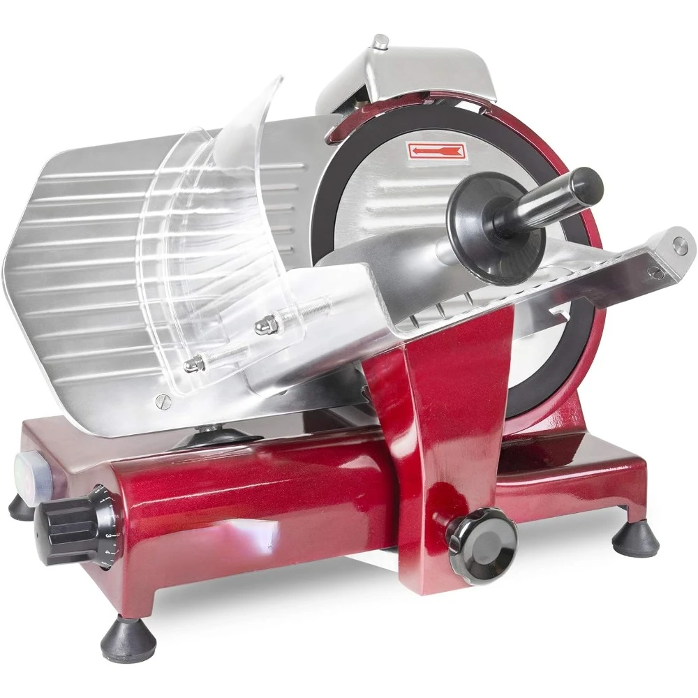 

Premium 320W Electric Meat Slicer 10-Inch in Red with Non-sticky Teflon Blade, Frozen Meat/Deli Meat