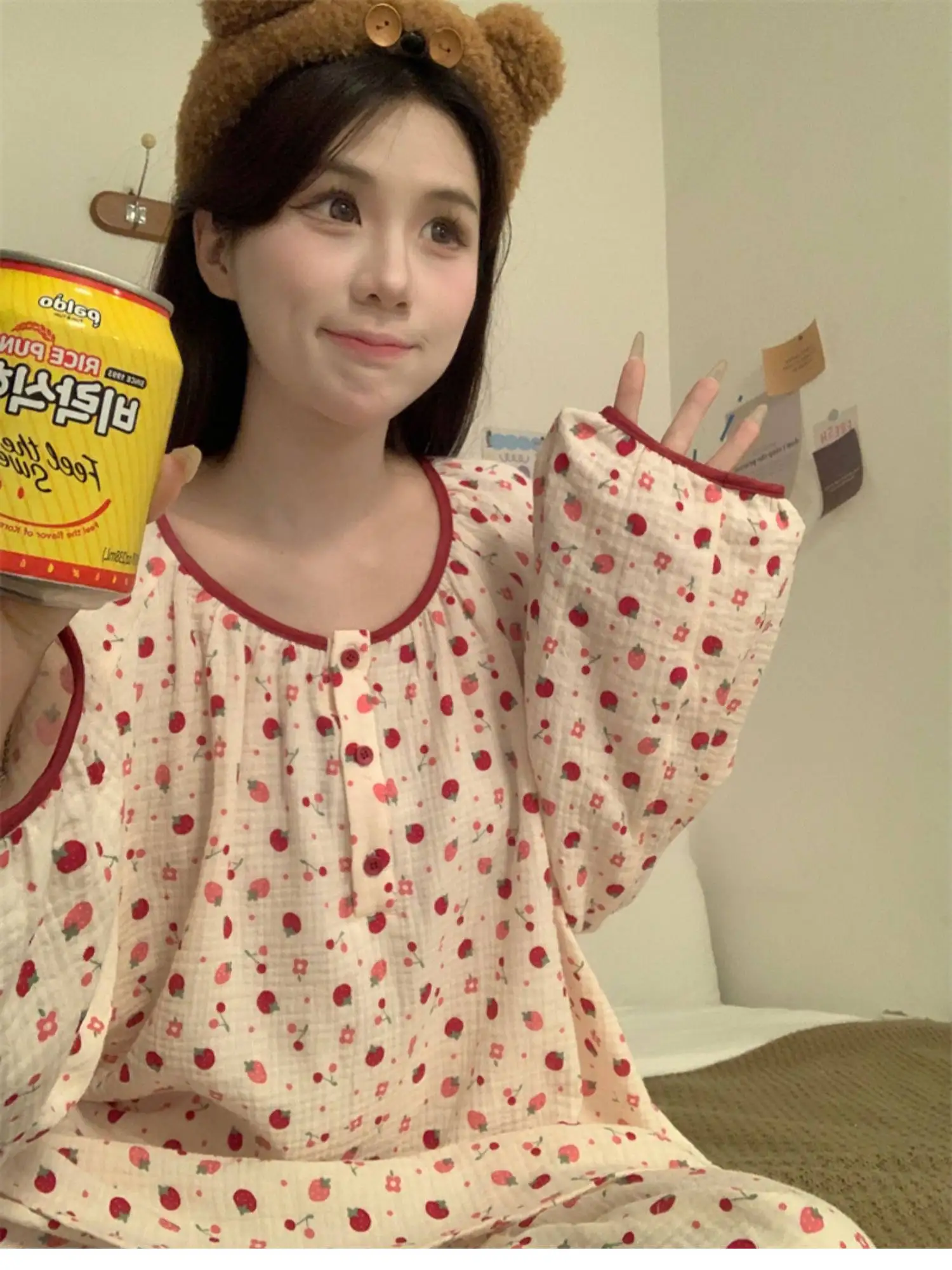 

Adorable Stberry Spwear Set Women's Long Sve Long Pants Casual Country Sle Home Clothes Two-Piece Spring Autumn