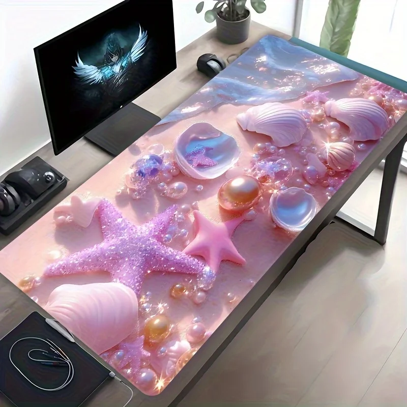 Sparkly Pink Seashell Starfish Desk Mat Oversized Non-Slip Rubber Gaming Mouse Pad for Office Home