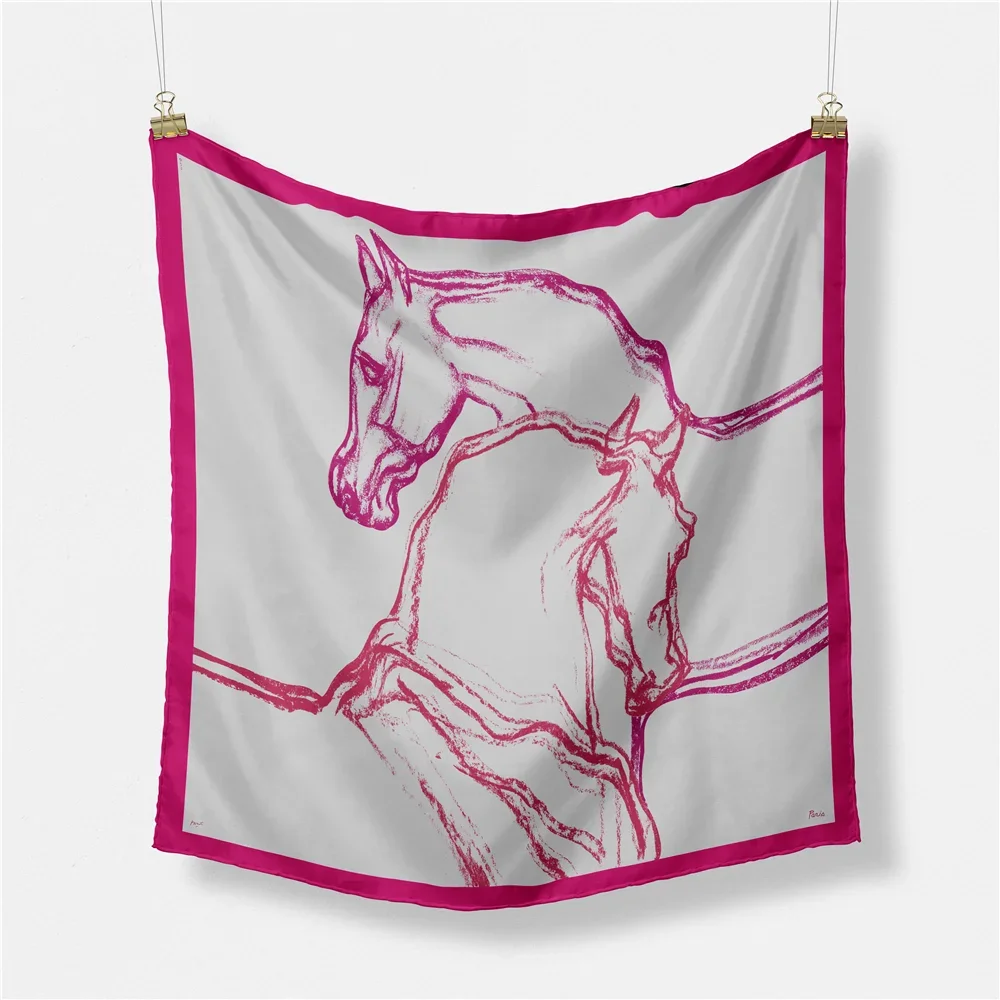 트윌 실크 스카프 여성 말 그림 스퀘어 스카프 랩 반다나 작은 히잡 실크 푸라르 타이 헤어밴드 넥커치프 53CM