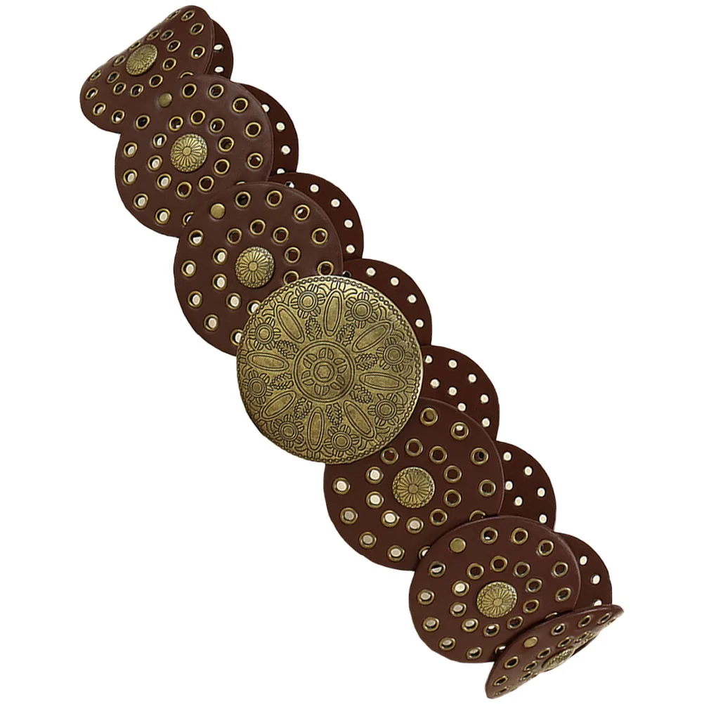 

Retro Metal Wide Belt Brown Western Disc Decorative Chunky Cowgirl Fashion Women Concho Belts Exaggerated Hollow Metal Design