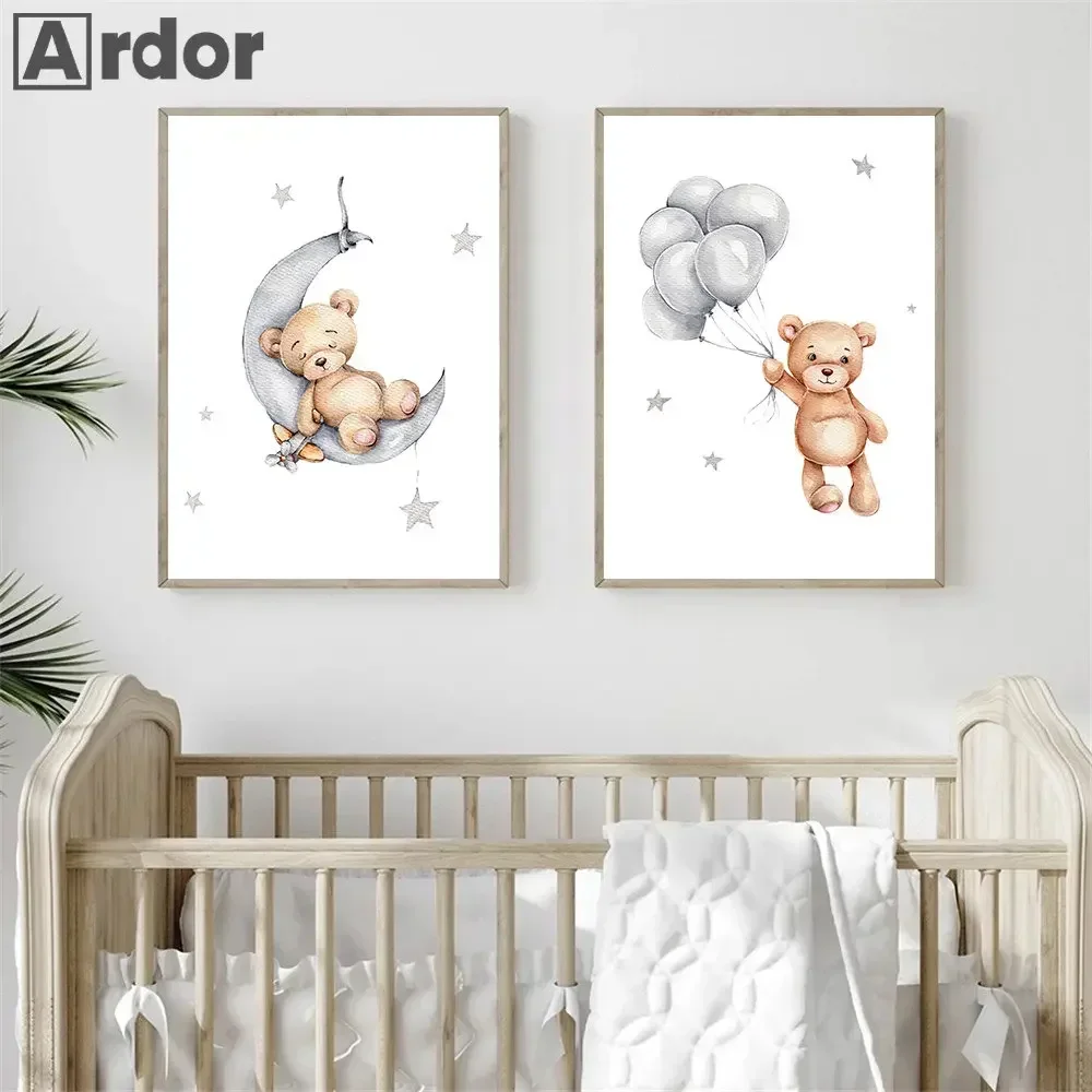 

Cute Bear Wall Art Posters Canvas Painting Star Balloon Cloud Moon Nursery Print Nordic Wall Pictures Baby Kids Room Decoration