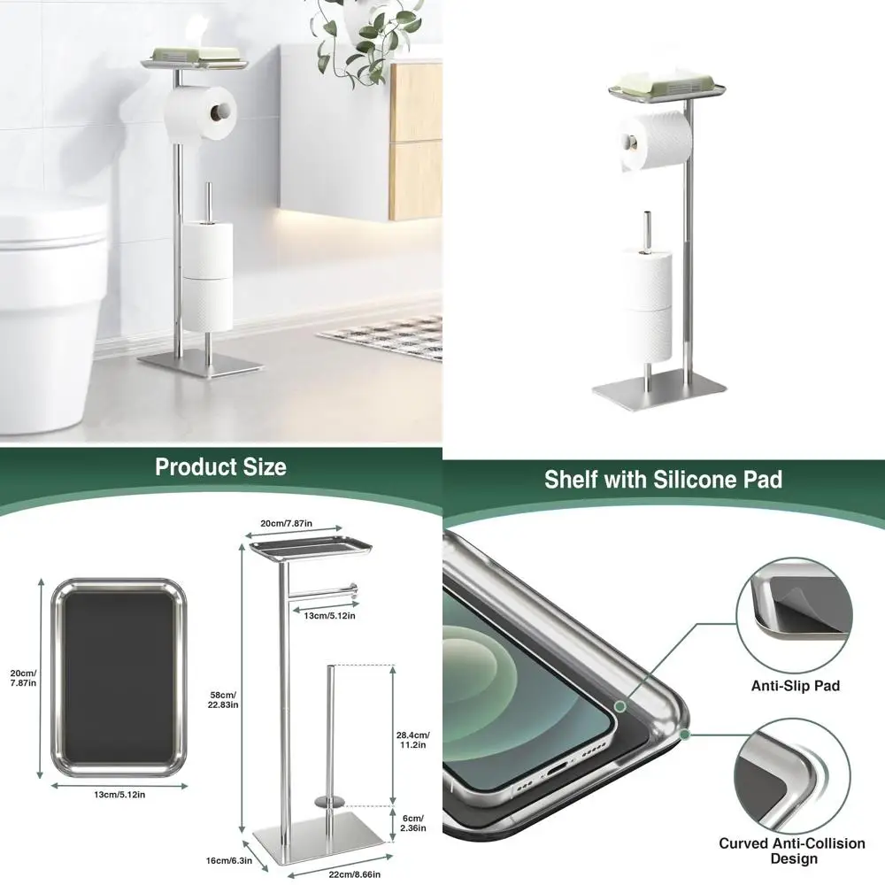 

Freestanding Bathroom Toilet Paper Stand with Storage Shelf, Holds 4 Rolls