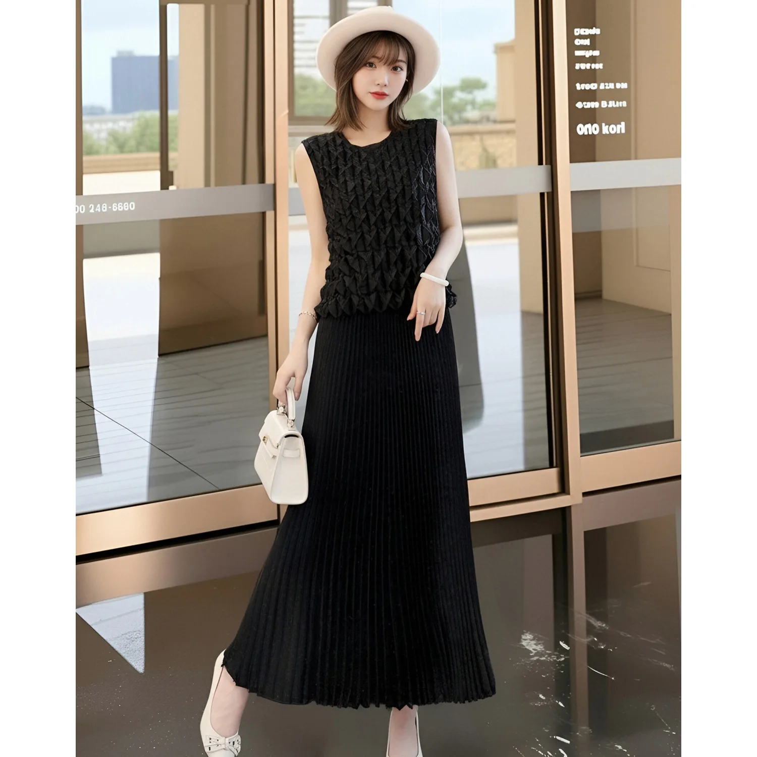 Miyake Style Women's Casual Suit 2006 New Japanese Design Solid Color Round Neck Vest Top + Elastic Waist Skirt Two-piece Set
