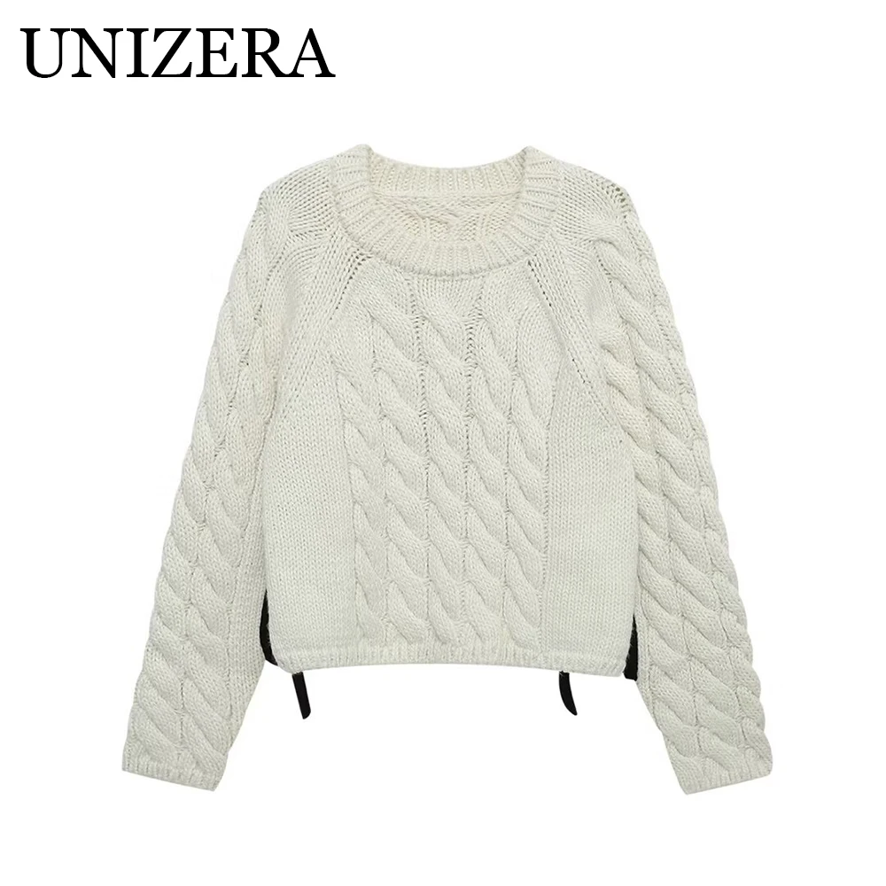 

Autumn New Simple Style Solid Fried Dough Twists Ribbon Knitted Round Neck Pullover Long Sleeve Sweater Women