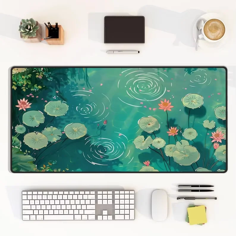 Green Lotus Leaf and Lotus Pond Mouse Pad, Anti-Slip Rubber, Washable Computer Mechanical Keyboard, High-Quality Desk Pad