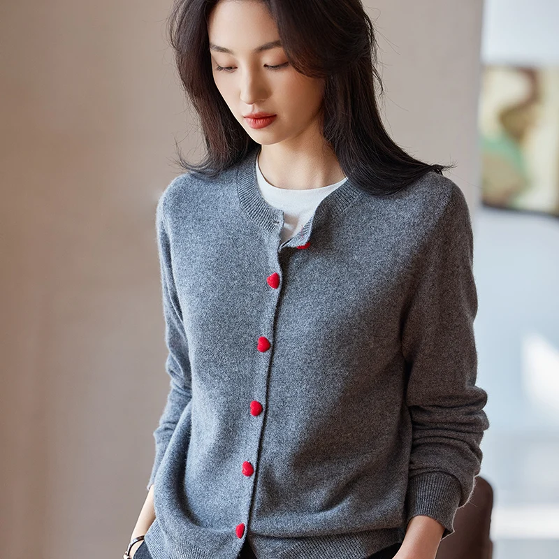 

Женский однотонный кардиган с круглым вырезом из 100% кашемира, изысканный стиль с красными пуговицами