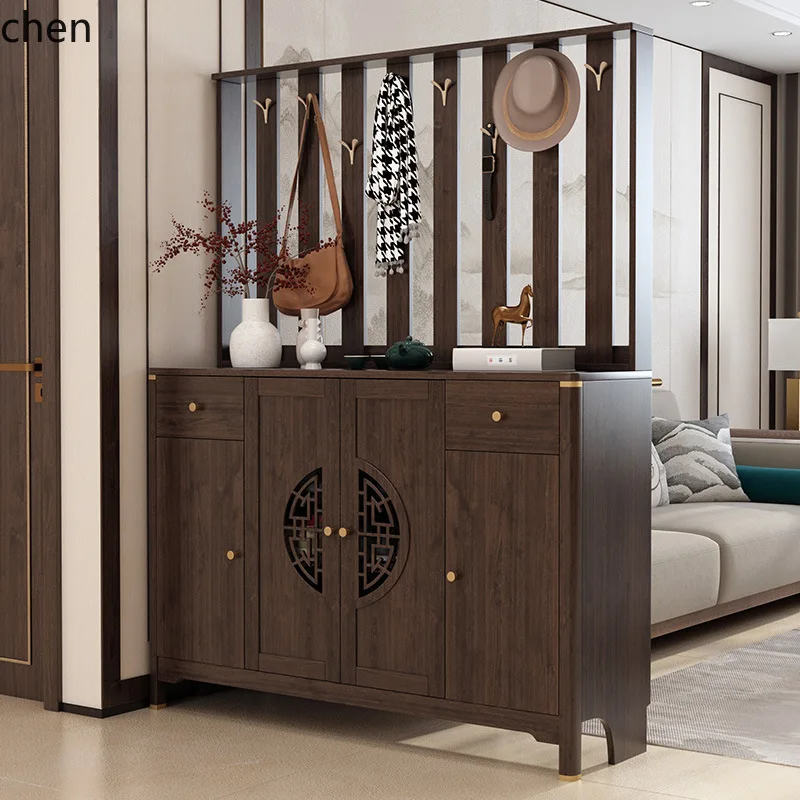 HT New Chinese Style  Shoe Cabinet with Integrated Doorway Cabinet and Clothes Rack, Entryway Bench, Entrance Partition