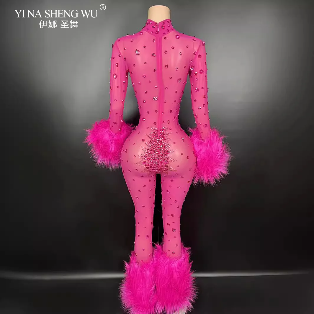 Vrouwen Sexy Mesh Bodycon Veren Stralende Kristallen Jumpsuits Nachtclub Party Verjaardag Prestaties Kostuum Stadium Slijtage Guibin
