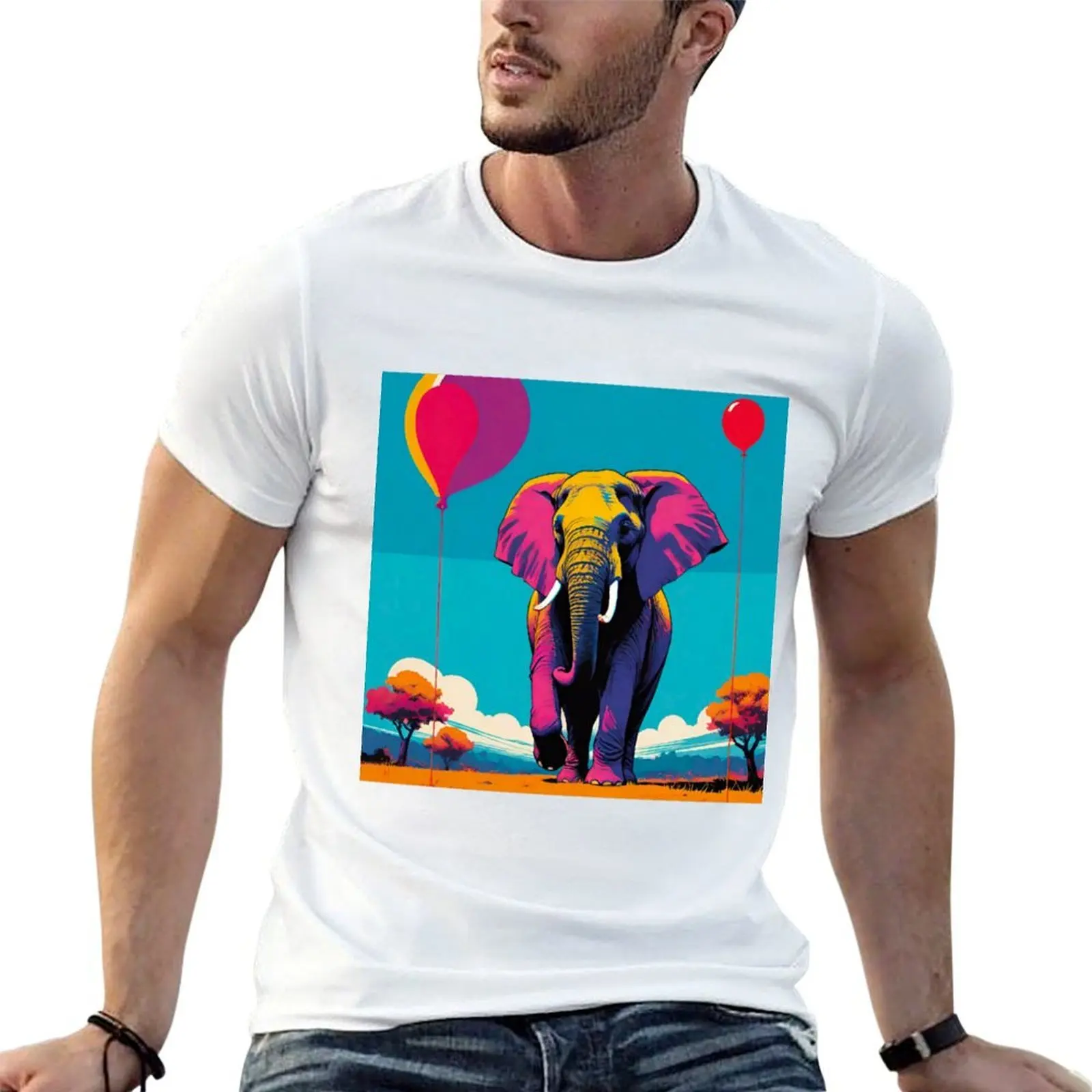 Tranquil Majesty: Elephant with Floating Balloons T-Shirt Basic Tee Shirt for Everyday Outfit
