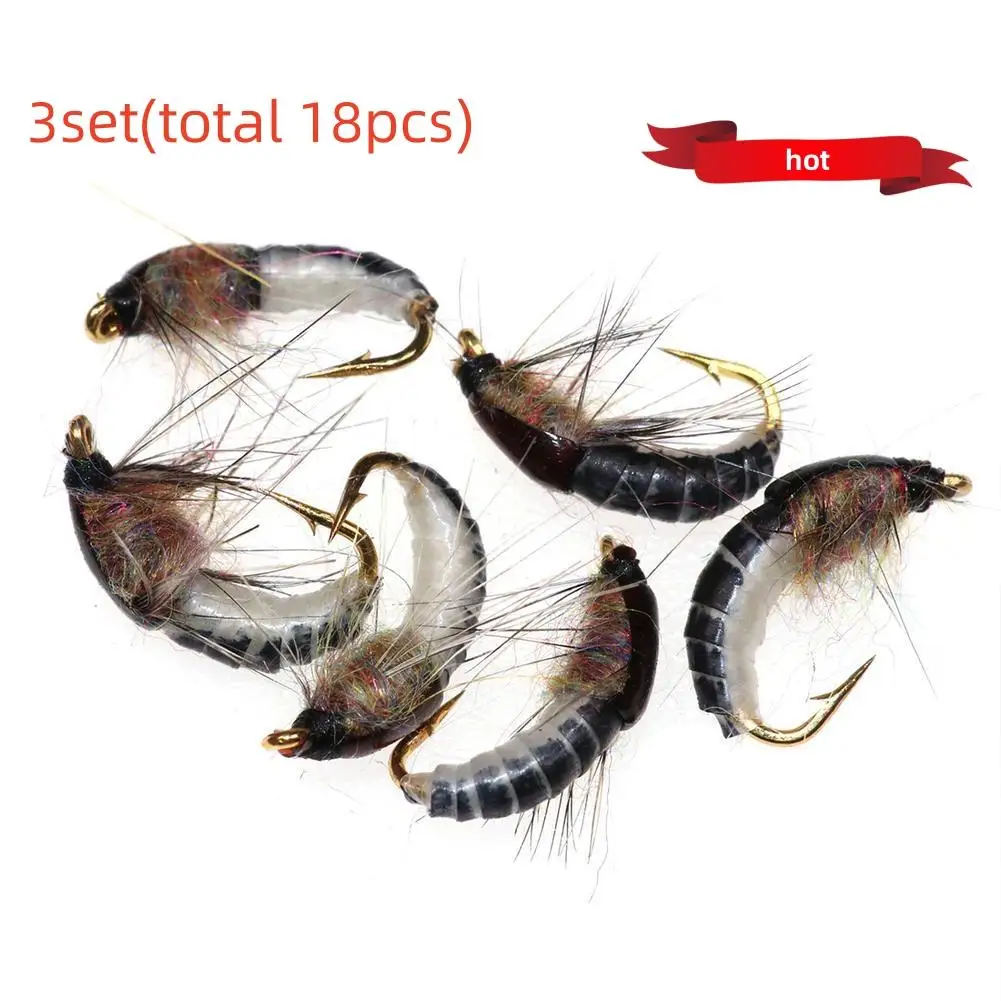 

For Bimoo 3set 18PCS #12 Realistic Nymph Scud Fly for Trout Fishing Nymph Artificial Insect Bait Lure Caddis Nymph Fishing Fly