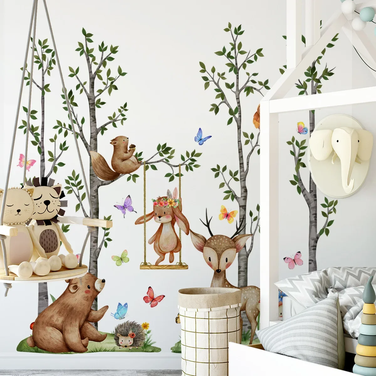 Cartoon Forest Animals Big Tree Fawn Wall Sticker Baby Bedroom Children Room Wall Sticker for  Room Self-Adhesive Wallpaper