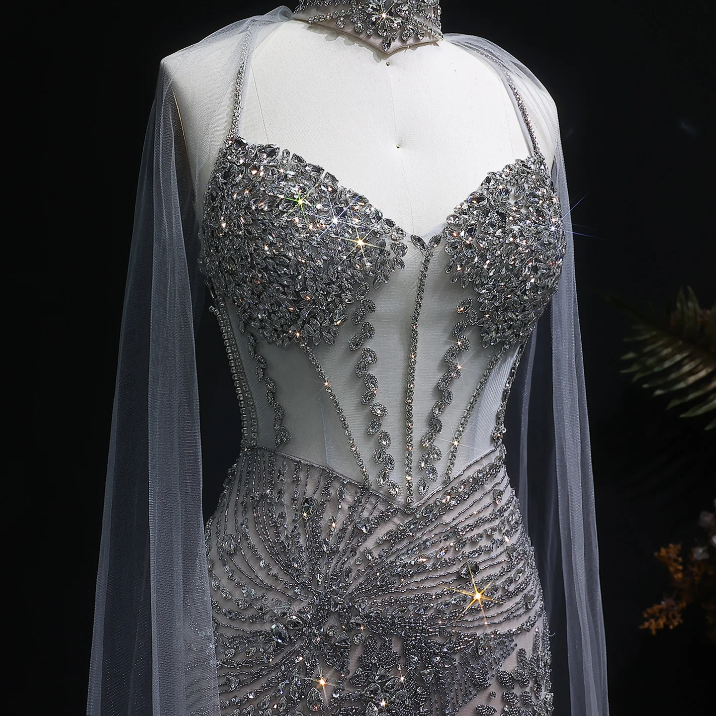 Sharon Said Luxuriöses Champagner-Abendkleid mit Cape-Ärmeln und Spaghettiträgern für Damen, Hochzeit, Party, Ballkleid SS071, Maßanfertigung – Detail 7