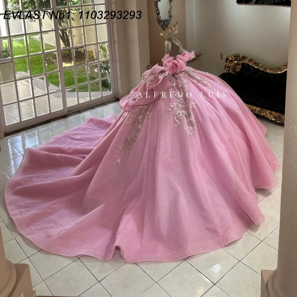Индивидуальное блестящее розовое бальное платье EVLAST для Quinceañera с 3D цветочными аппликациями, бисером и корсетом, для вечеринки Sweet 16, 15 Años AQ430