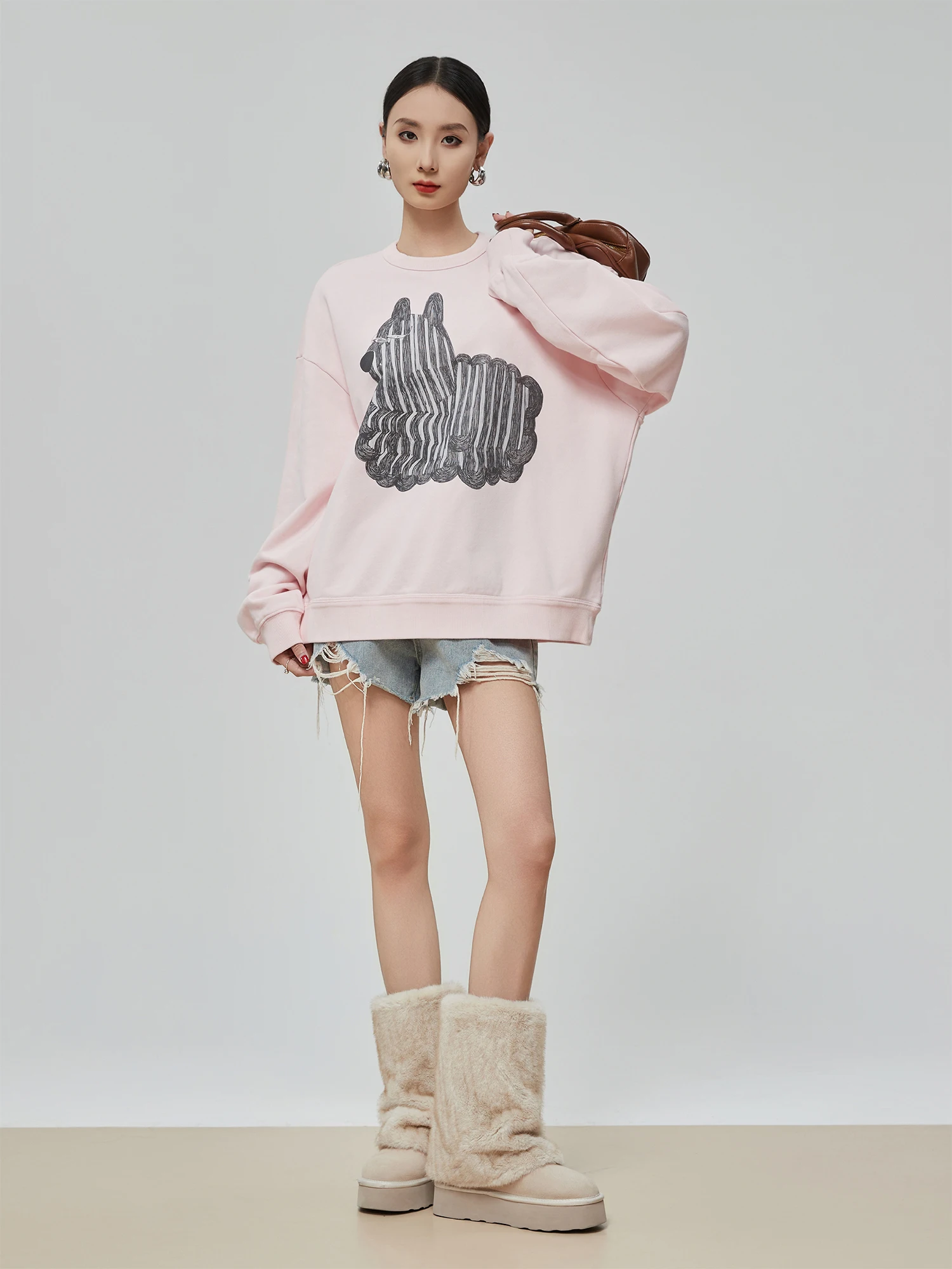 

Розовый свитшот с принтом собаки, круглый вырез, женский, свободный крой, в корейском стиле, повседневный топ, весна 2026, новая дизайнерская сенсация, малый размер