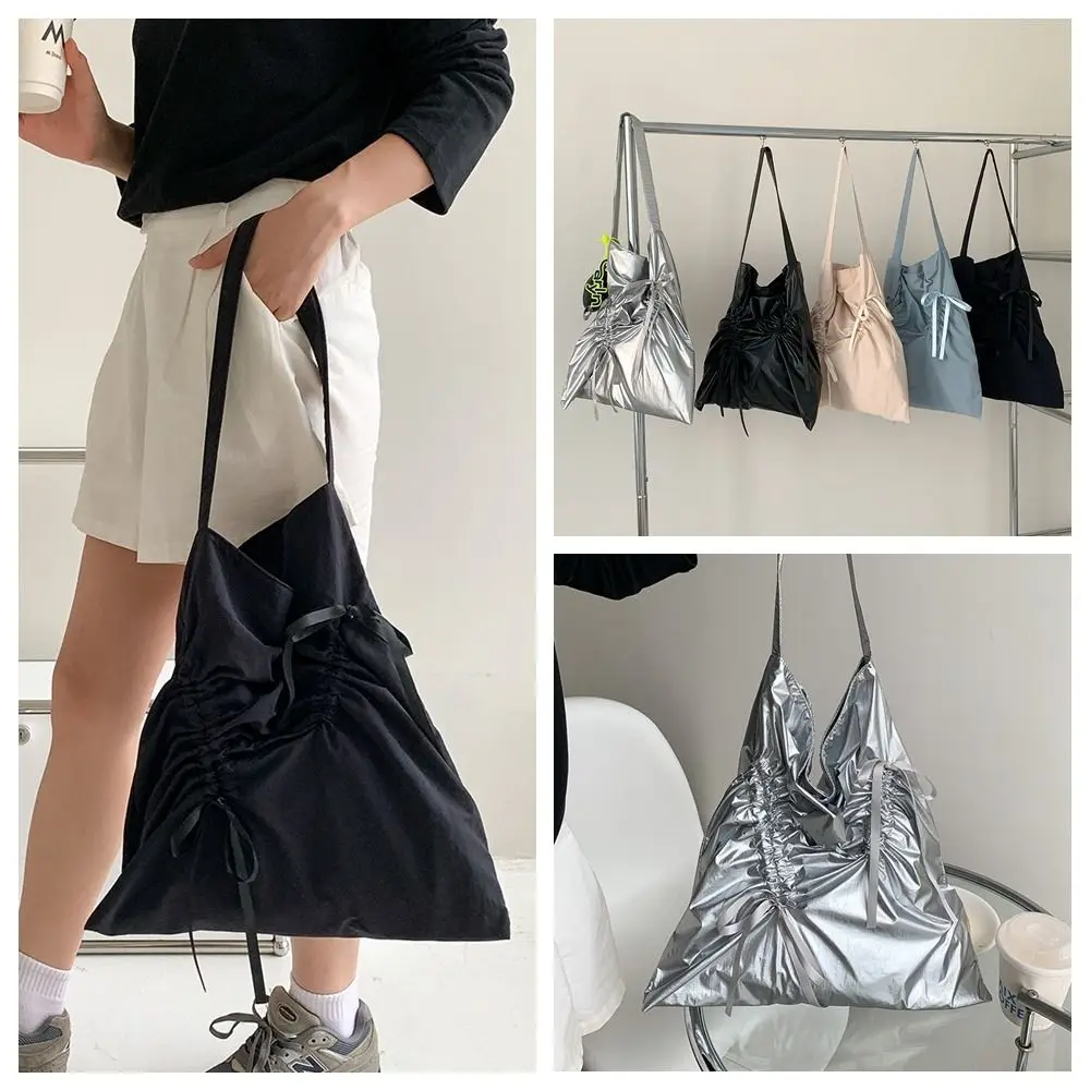 

Sweet Korean Style Bow Drawstring Bag Niche Design Nylon Ruched Shoulder Bag Summer Commute Silver Tote Bag for Women