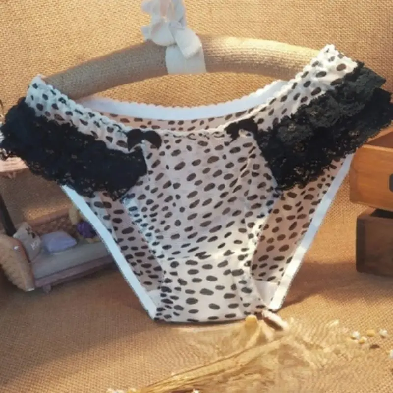 Sexy Sheer Lace Ruffled Women Lingerie Sissy Low Waist Bow Panties Mesh Printing Underwear Breathable Comfortable Briefs