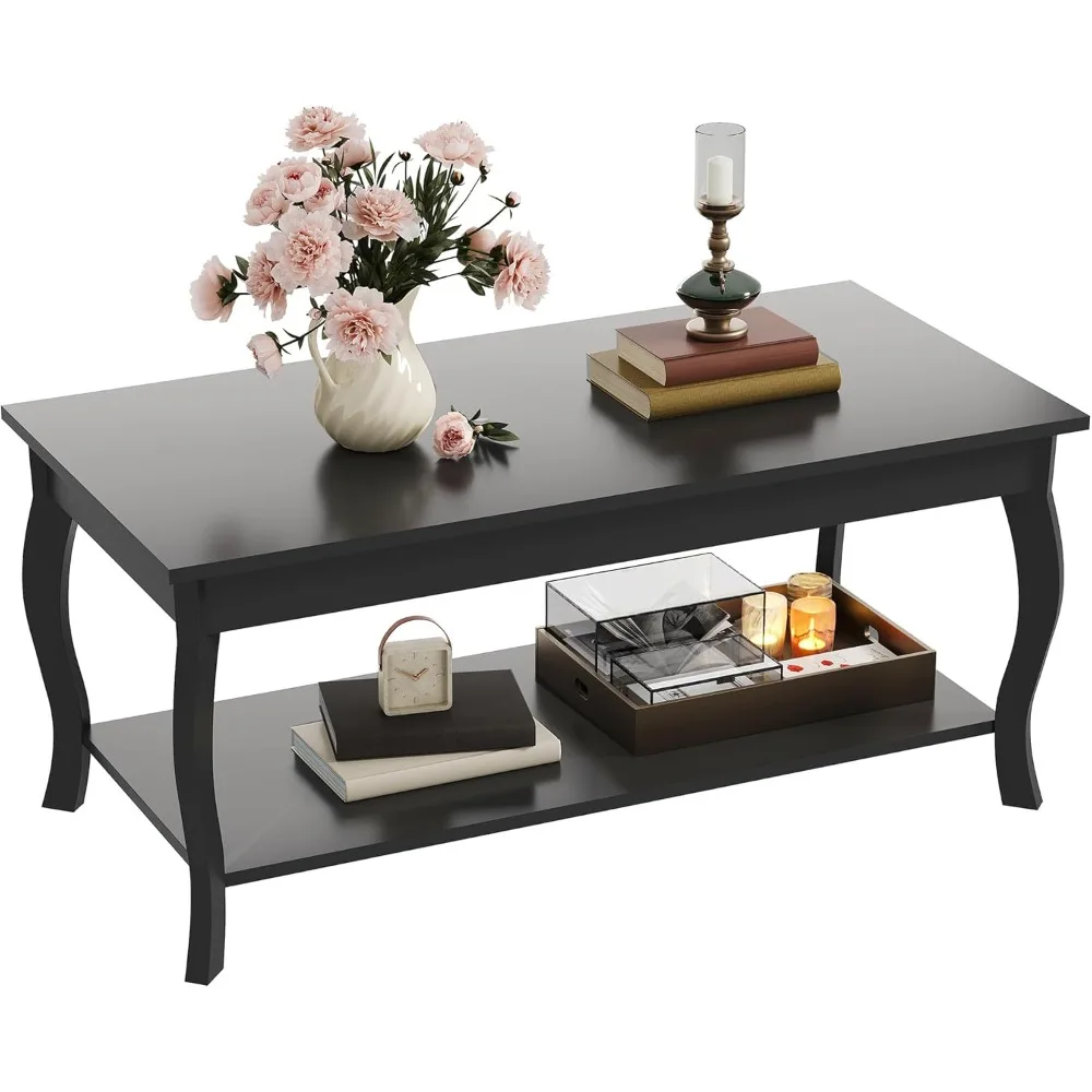 

Coffee Table, Modern Center Table with Curved Legs and Storage Shelf, 39" Coffee Table for Living Room, Black