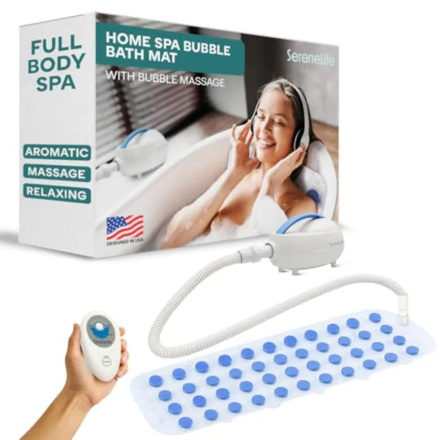 SereneLife Bubble Bath Mat n-Slip Bathtub Mat with Remote Control Waterproof Cushioned Design Adjustable Bubbles 8.2' Air Hose