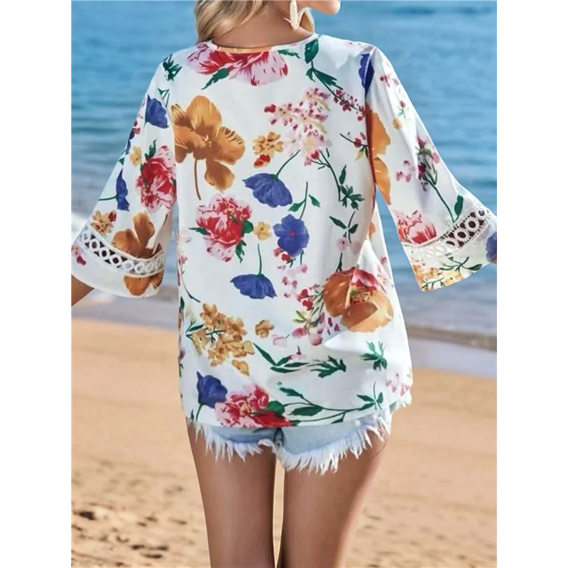 ASDS-3/4 Length Sleeve Womens Summer Trendy Bell Sleeve V-Neck Dressy Casual Ethnic Bohemian Print T-Shirt