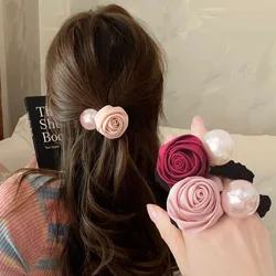 Fashion Rose Flower Hair Ropes For Women Elegant Big Imitation Pearl Elastic Hairband Scrunchies Hair Accessories Headdress