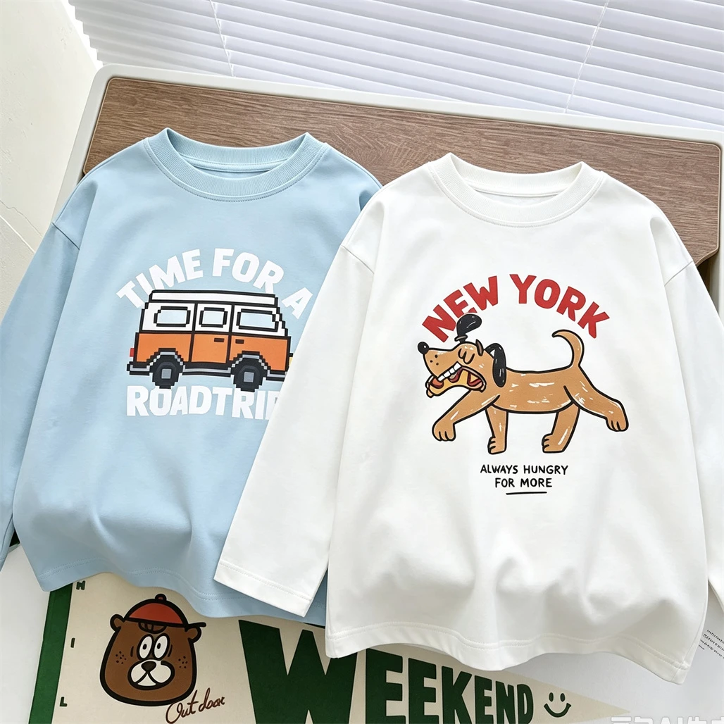White T Shirt Cartoon Animals Print Base Shirt Round Neck Pullovers 2026 Toddler Spring Summer Thin Simple Pure Cotton Tees