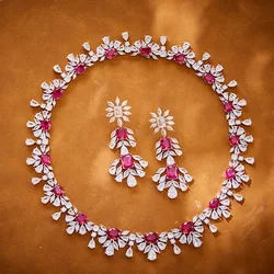 EYER Luxury Red Crystal Necklace Earrings For Women Collar Fashion Charm Jewelry Set Birthday Party Banquet Gift AAA Zircon