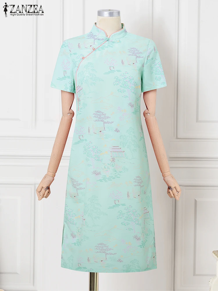 

2025 ZANZEA Chinese Style Printed Dress Fashion Elegant Long Robe Vintage Short Sleeve Fashion Elegant Midi Sundress S-3XL