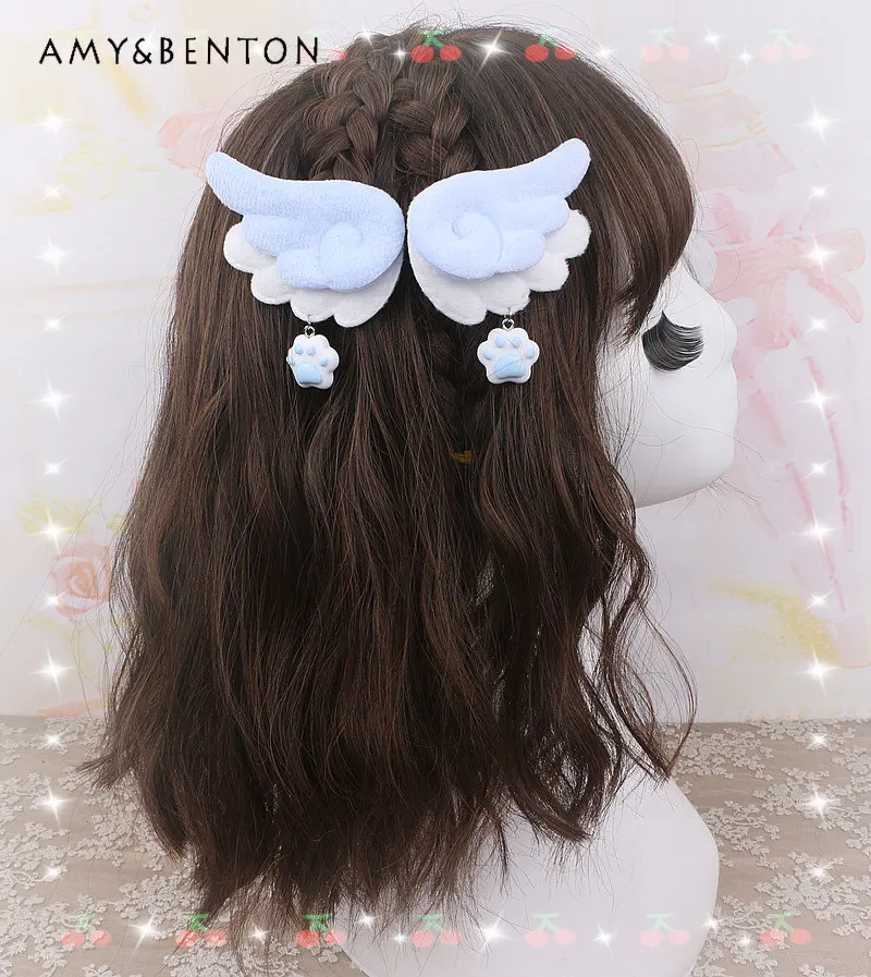 

Handmade Sweet Cute Original Furry Double-Layer Wings Cat Paw Pendant Clip Young Girls Pink Hair Clips Accessories Headdress