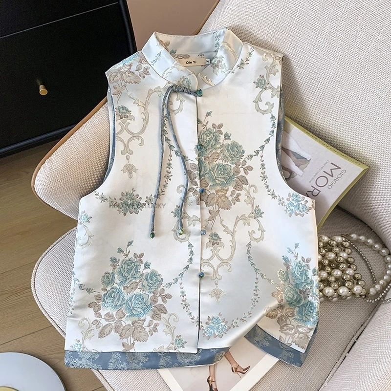 

Stand Collar Sleeveless Button Vest Wire Jacquard Elegant Improved Qipao Waistcoat Chinese Style Jacquard Vest Vintage Top