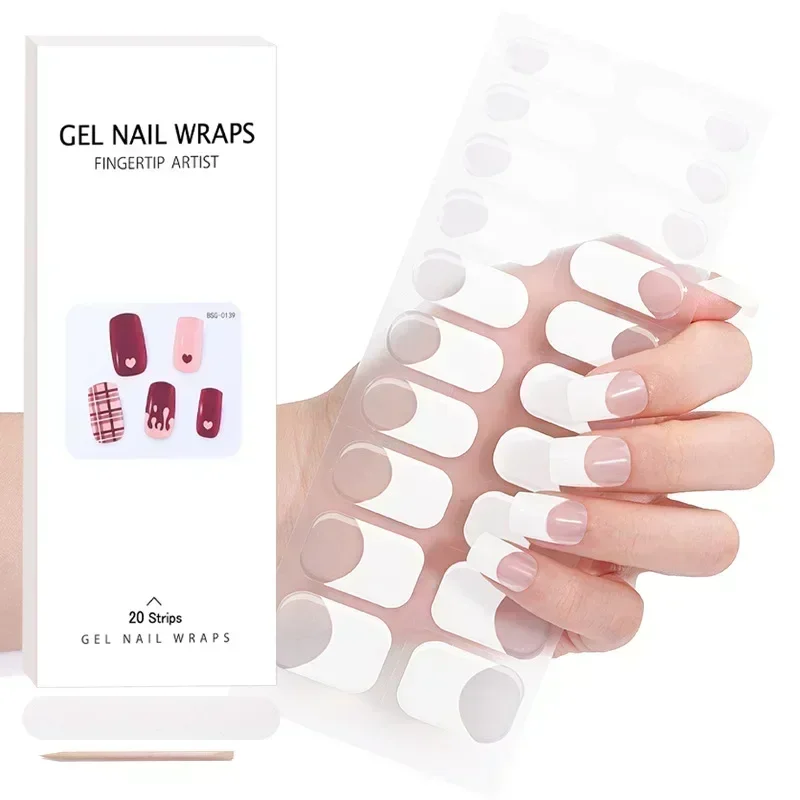 20 dicas francês semi curado gel adesivos de unhas conjunto para lâmpada uv design de cobertura completa diy moda feminina decoração da arte do prego