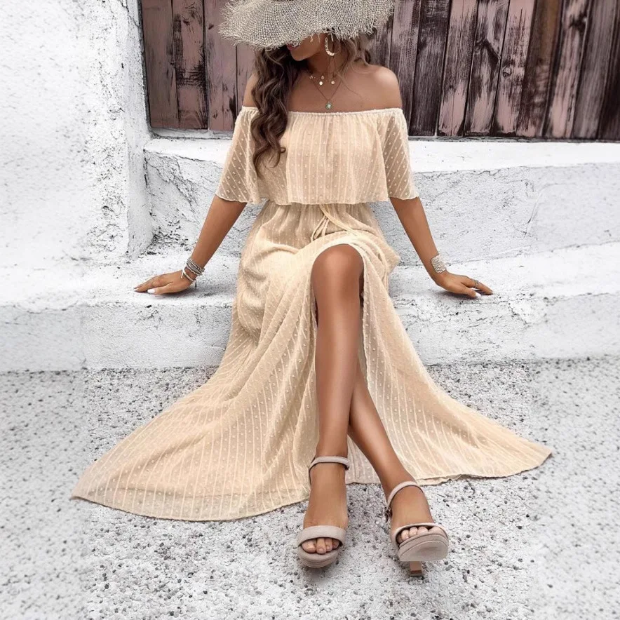 Summer Dress Elegant Sexy Ruffles Dress Women's Short Sleeve One Line Neck Boho Beach Holiday Long Dresses Vestidos Para Mujer