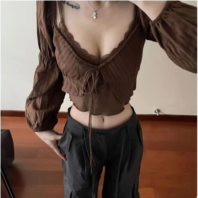 Women Sets Lace Camis Lace-up Long Sleeve Cardigans Spring Summer Sexy Crop Tops Slim-fit Korean Style All-match Solid Color