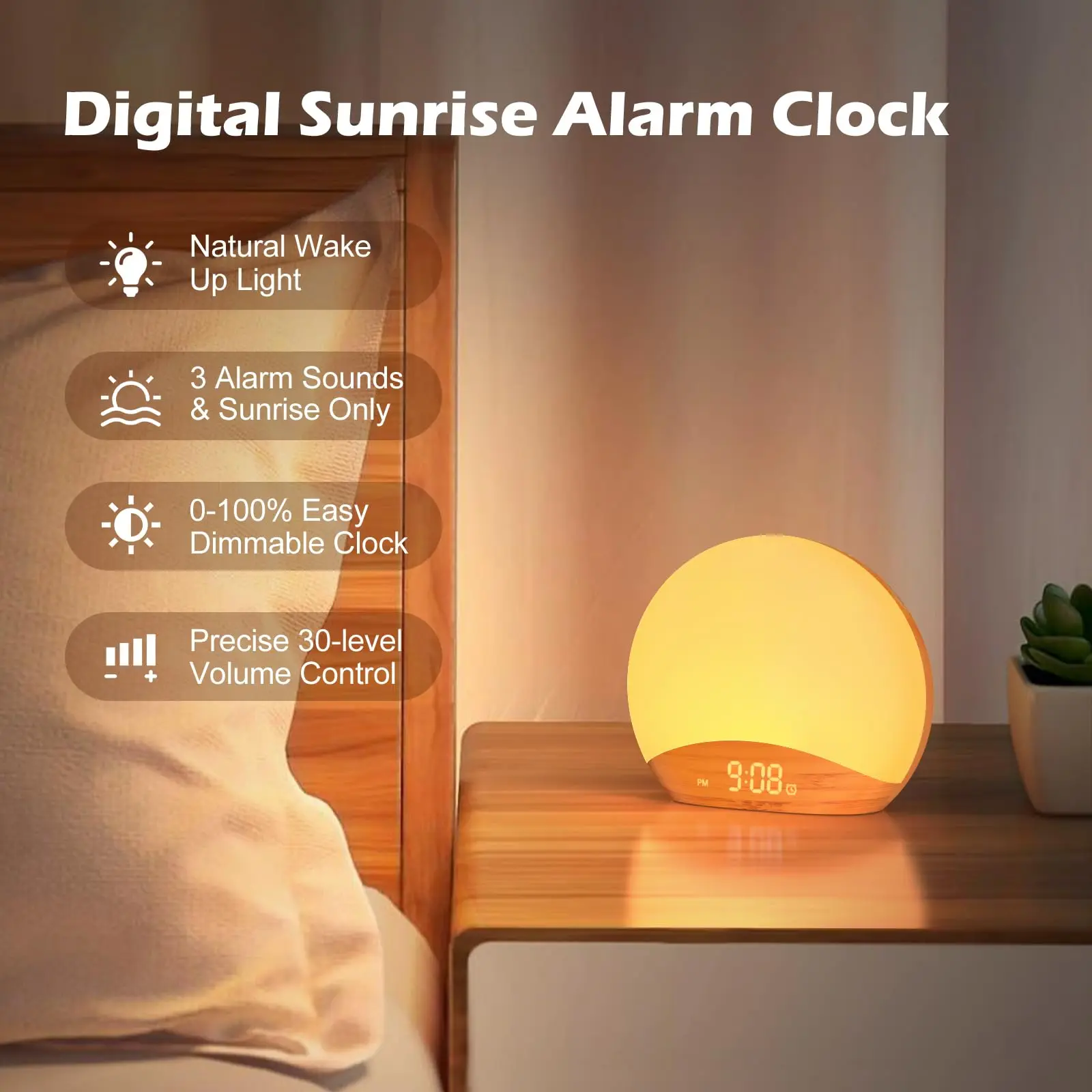 

3-Design Texture Sunrise Wake Alarm Clock Sound Machine Night Light Digital Adjustable clock 26 Sleep Sound White Noise Machine