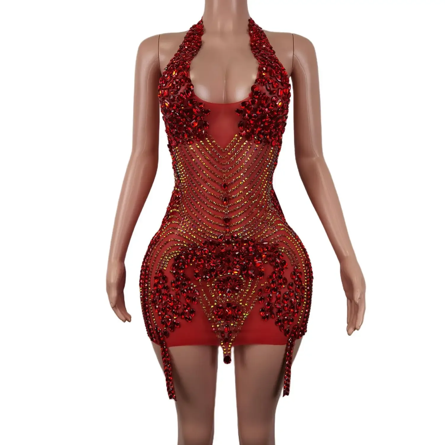 Fashion Red Sleeveless Crystal Rhinestone Birthday Party Mini Dress Women Sexy Night Club Stripper Dance Dress Prom Evening Gown