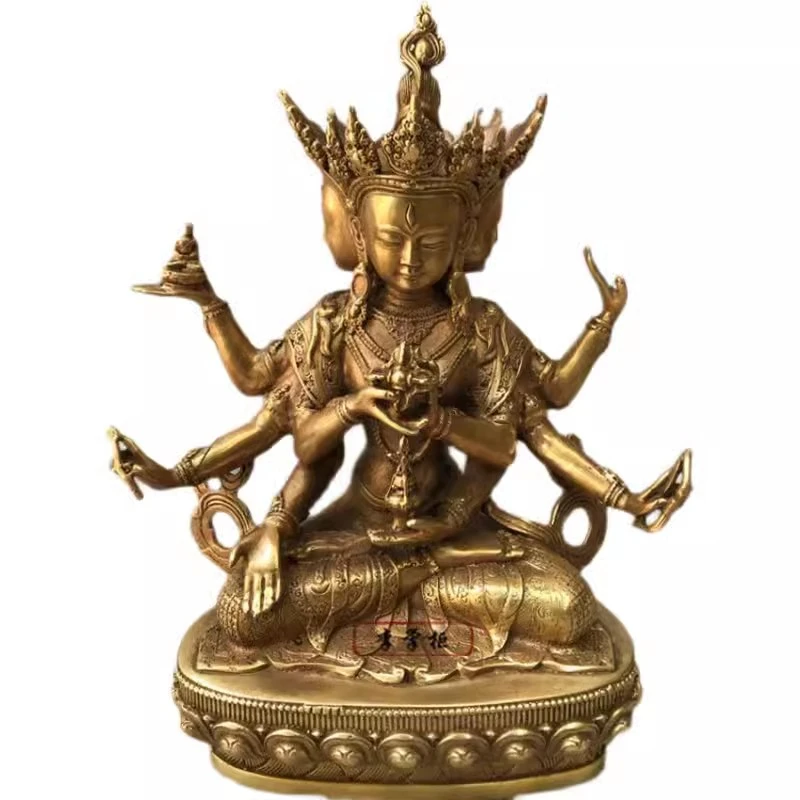 21cm Nepalese Tantric Sect Copper Three Sided Eight Arm Namgyalma Brass Buddha Statue Ornament