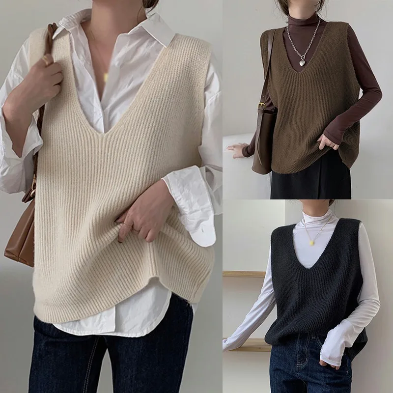 Knitted Loose Top Women\'s Spring Loose Plus Size Outer Wear Lady V-Neck Sweater Autumn Female Outer Wear Vintage Pullover Vest