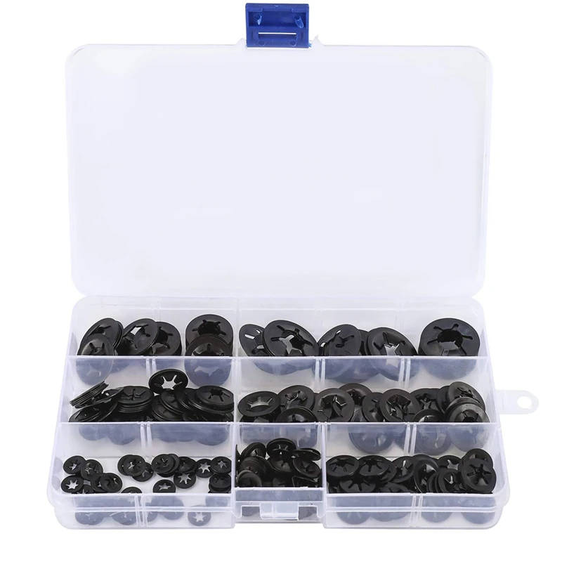 260Pcs Boxs Push-on Locking Washers Metal Quick Speed Star Nut Gasket Locking Fastener Kit Assortment Set M3/4/5/6/8/10/12