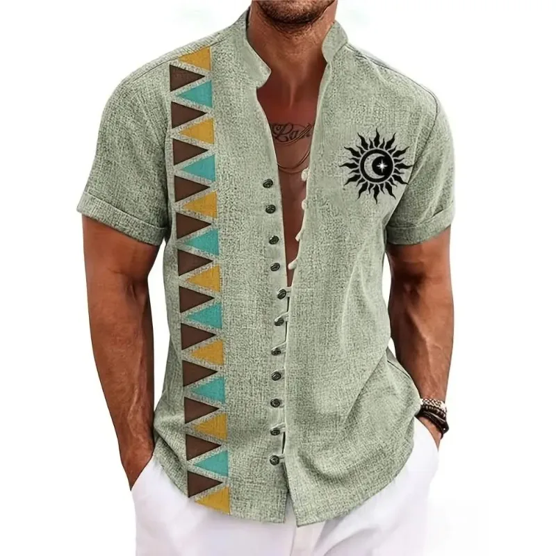 

Ethnic Totem Print, Comfortable and Breathable, Men's Top New Men's Linen Short-sleeved Shirt, Fashionable, Retro Style,