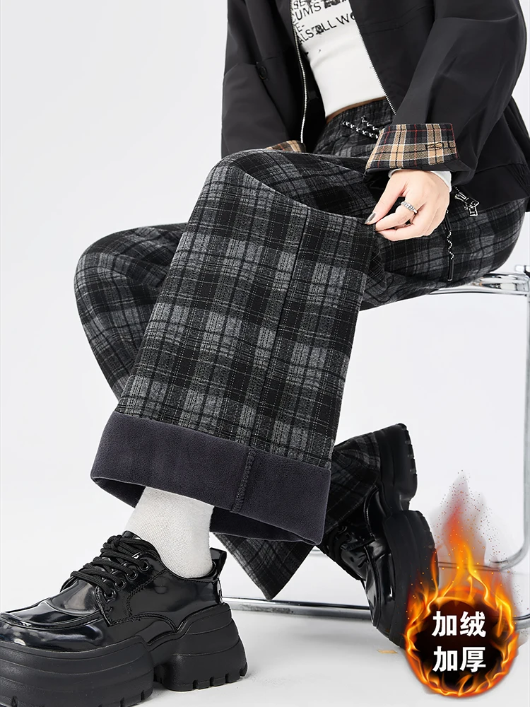 

Плюшевые мягкие шерстяные клетчатые повседневные широкие брюки для женщин на осень и зиму, толстые узкие брюки в ленивом стиле