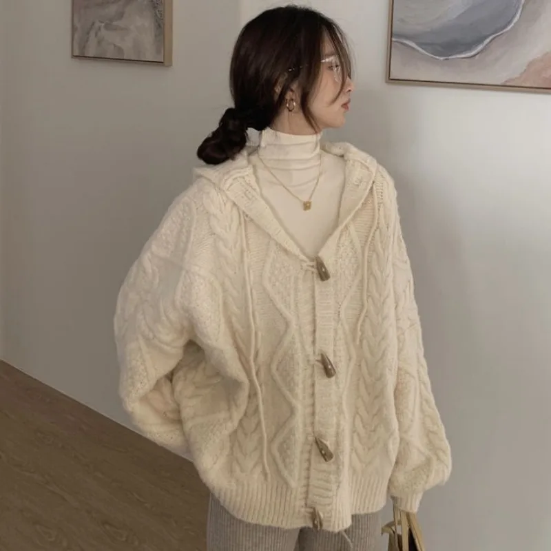 Hooded Vintage Sweater Cardigan Women Girlish Sweet Knitwear Fashion Clothing Korean Casual All-match Кардиган Женский Preppy