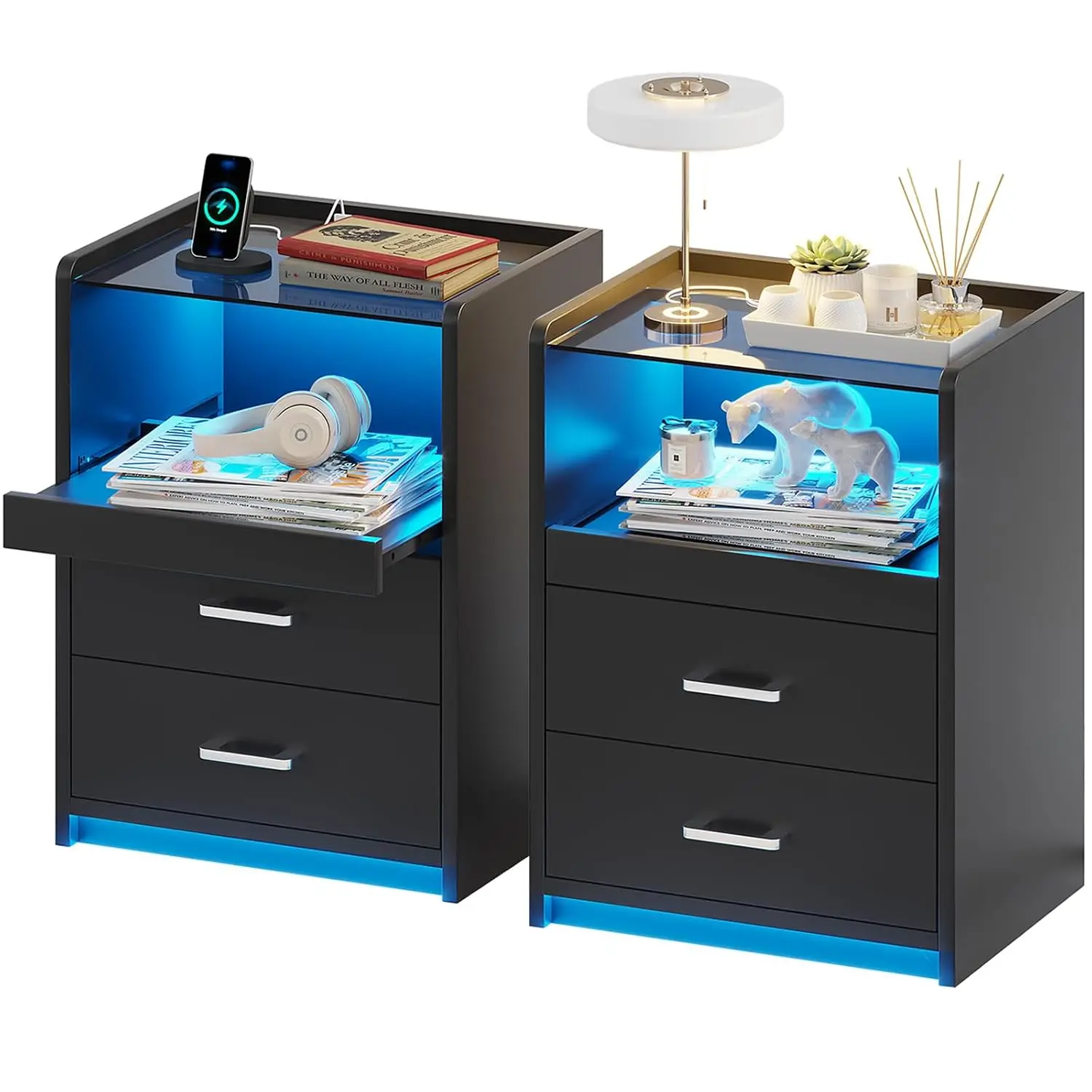 Nightstand Set of 2 with Charging Station, LED Lights & Glass Top, Drawer & Pull-Out Tray, Bedside Table for Bedroom, Customized