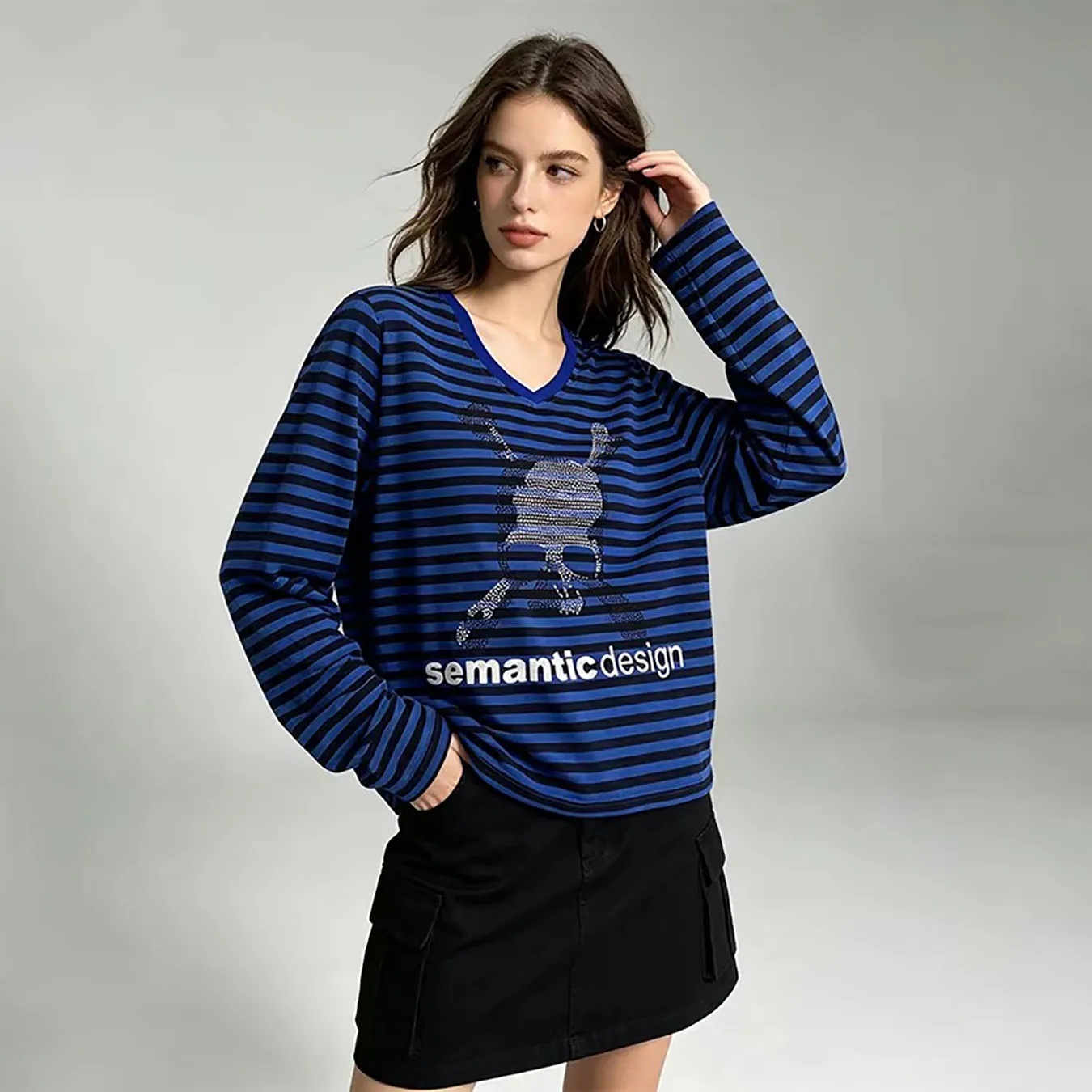 Autumn and Winter New Y2K Skull Hot Stamping Round Neck Sweatshirt Personalized Retro Long Sleeve Street Pullover Top